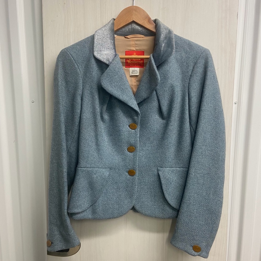 Vivienne Westwood suit. Light blue wool with velvet collar.